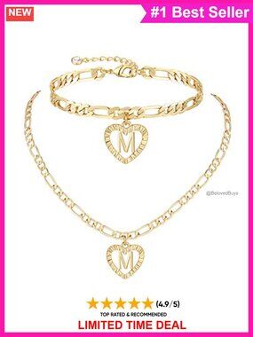 14K Gold Plated Initial Necklace Anklet Set Figaro Chain Heart Pendant